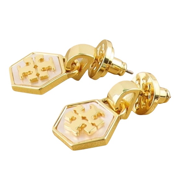 TORY BURCH • Mother of Pearl Hexagon Gold Drop Earrings - Picture 3 of 6